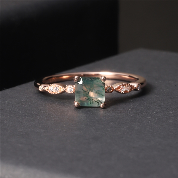 Moss Agate Ring Sterling Silver Wedding Engagement Green Ring  view 2