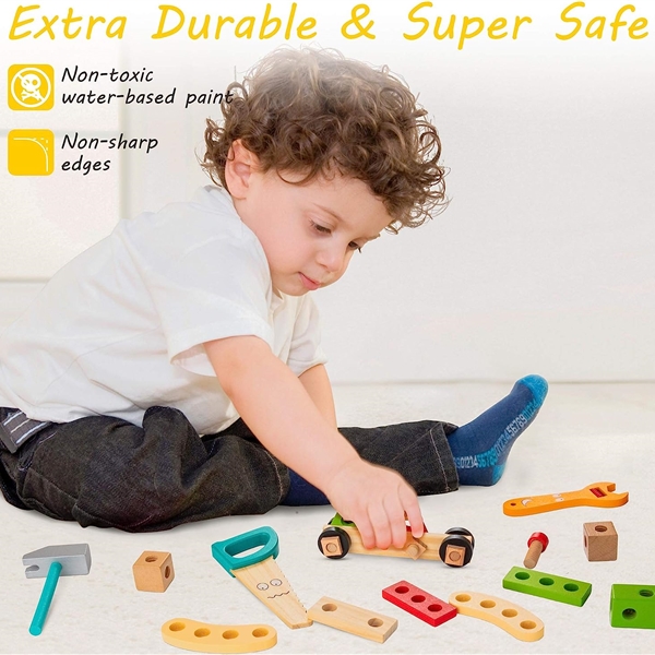 Wooden Toddler Tools Set Includes Tool Box & Stickers view 2