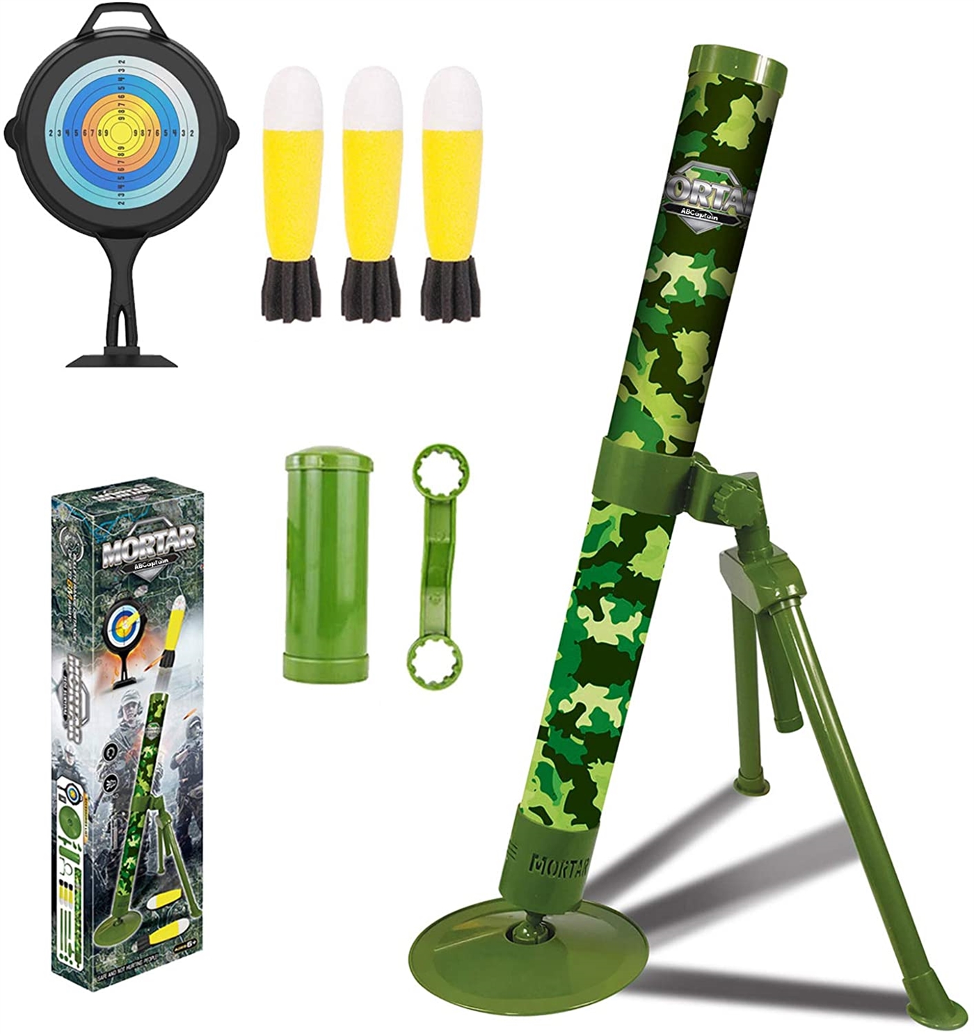 The mortar launcher comes with three sponge missiles that won't hurt kids. The mortar launcher comes with three sponge missiles that won't hurt kids.
