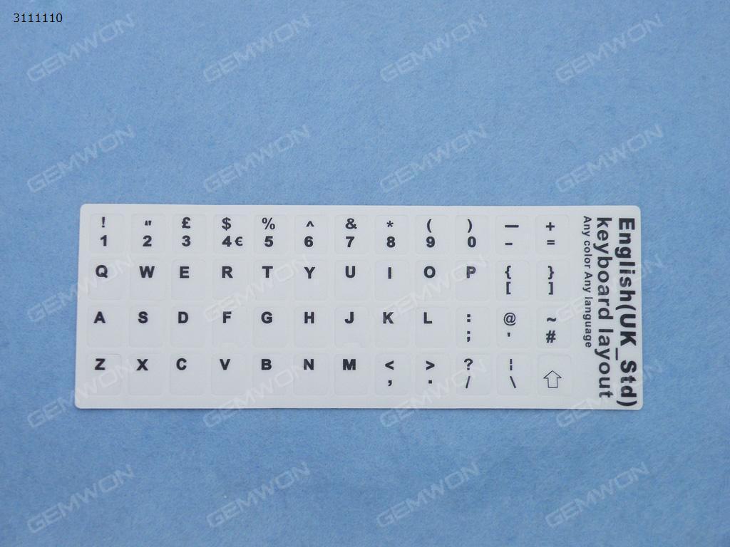 Picture of UK Keyboard Sticker,White with Black letter. Change keyboard language layout by stick lables on keyboard keys.