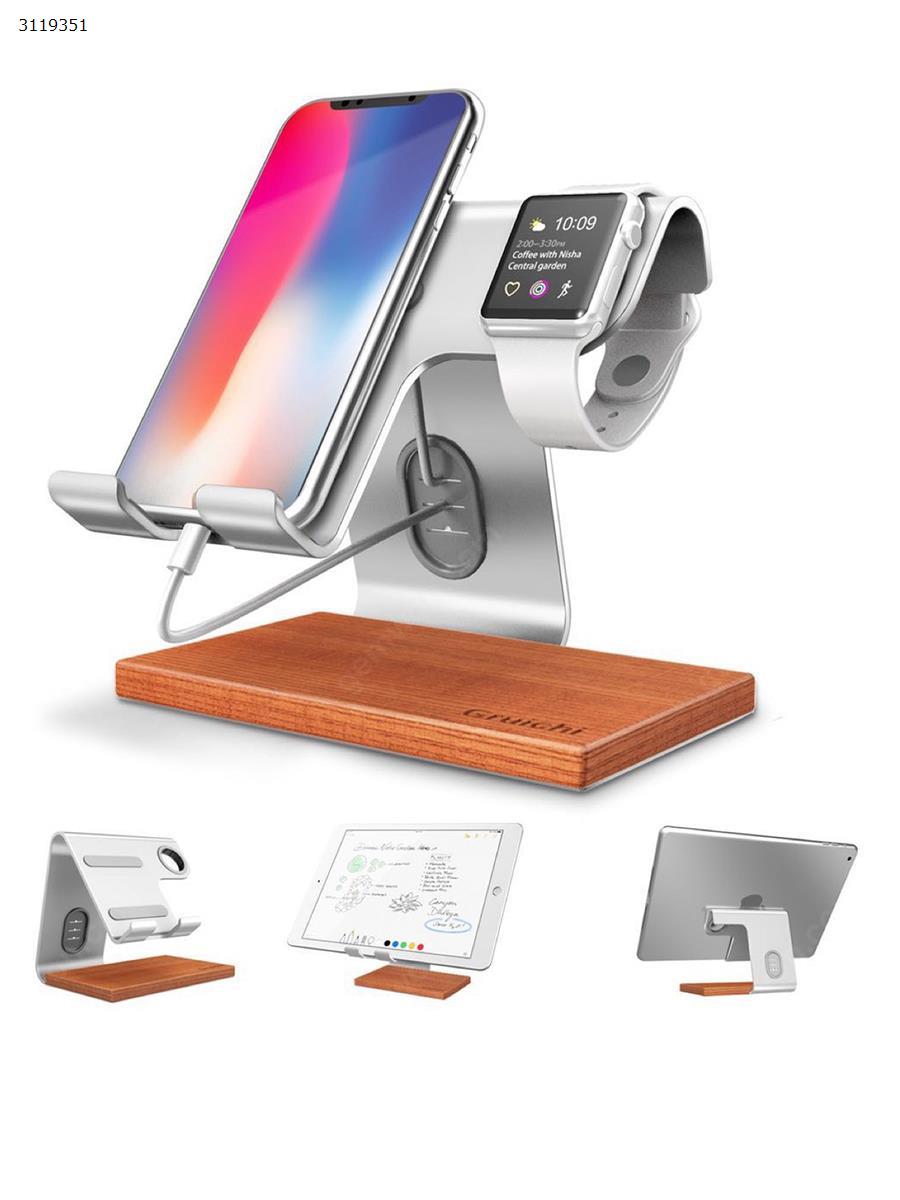 Picture of Tablet Watch Stand Desktop Aluminum Cell Phone Charging Dock Wood Base Multifunction Holder for Watch iPhone X iPad Samsung，Silver