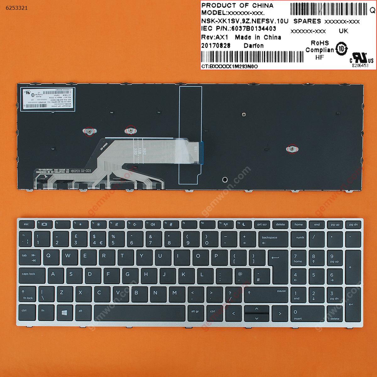 Picture of New Replacement Laptop Keyboard For HP Probook 450 G5 455 G5 470 G5 SILVER FRAME BLACK WIN8 Uk Layout