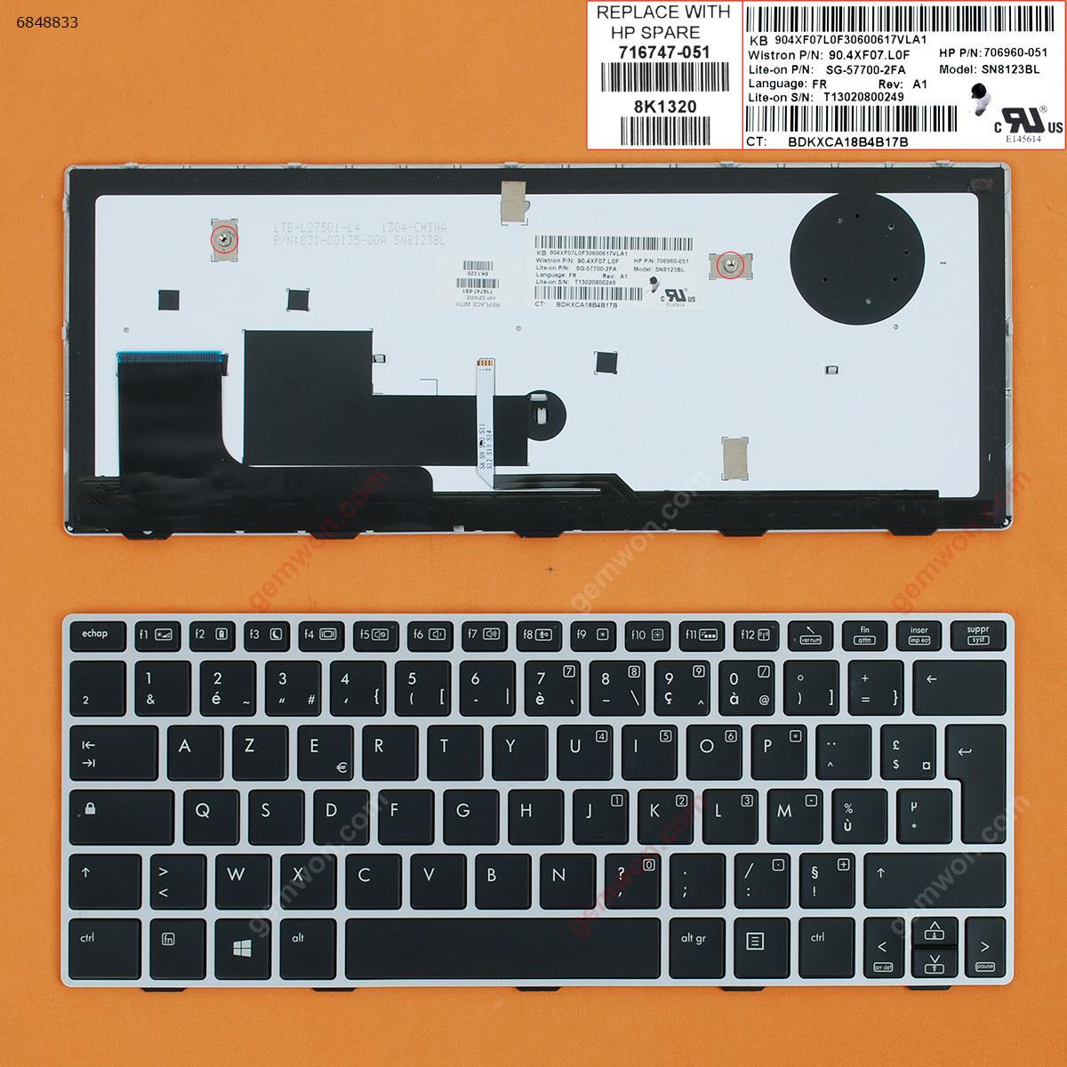 Picture of New Replacement Laptop Keyboard For HP EliteBook 810 G1 810 G2 810 G3 SILVER FRAME BLACK (Backlit,without point,Win8) FR Layout