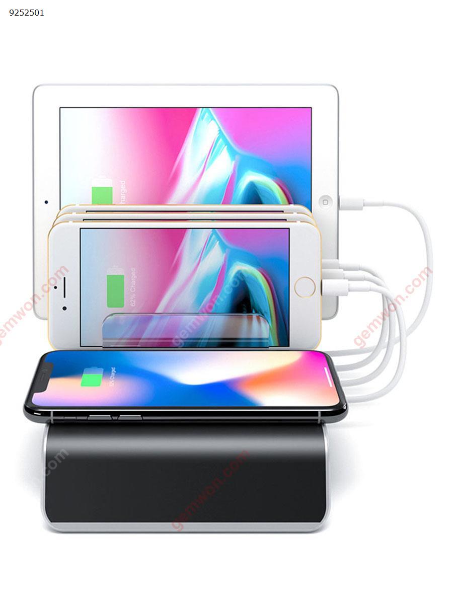 Picture of Faster Charging Station,5-in-1 Multiple Phone Dock Stand With 3 USB Ports  & 1 Type-C & 1 QI Wireless Charging Pad,Compatible Samsung, iPhone, Ipad (US,Black)