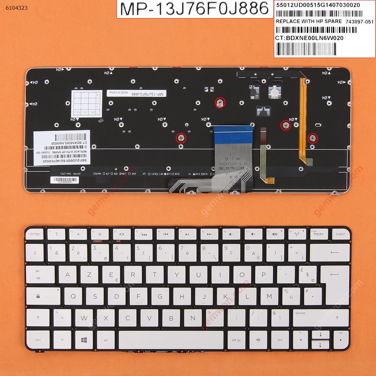 Picture of New Replacement Laptop Keyboard For HP Spectre 13-3000 13-3040eg 13-3011ea SILVER （Backlit ） FR Layout