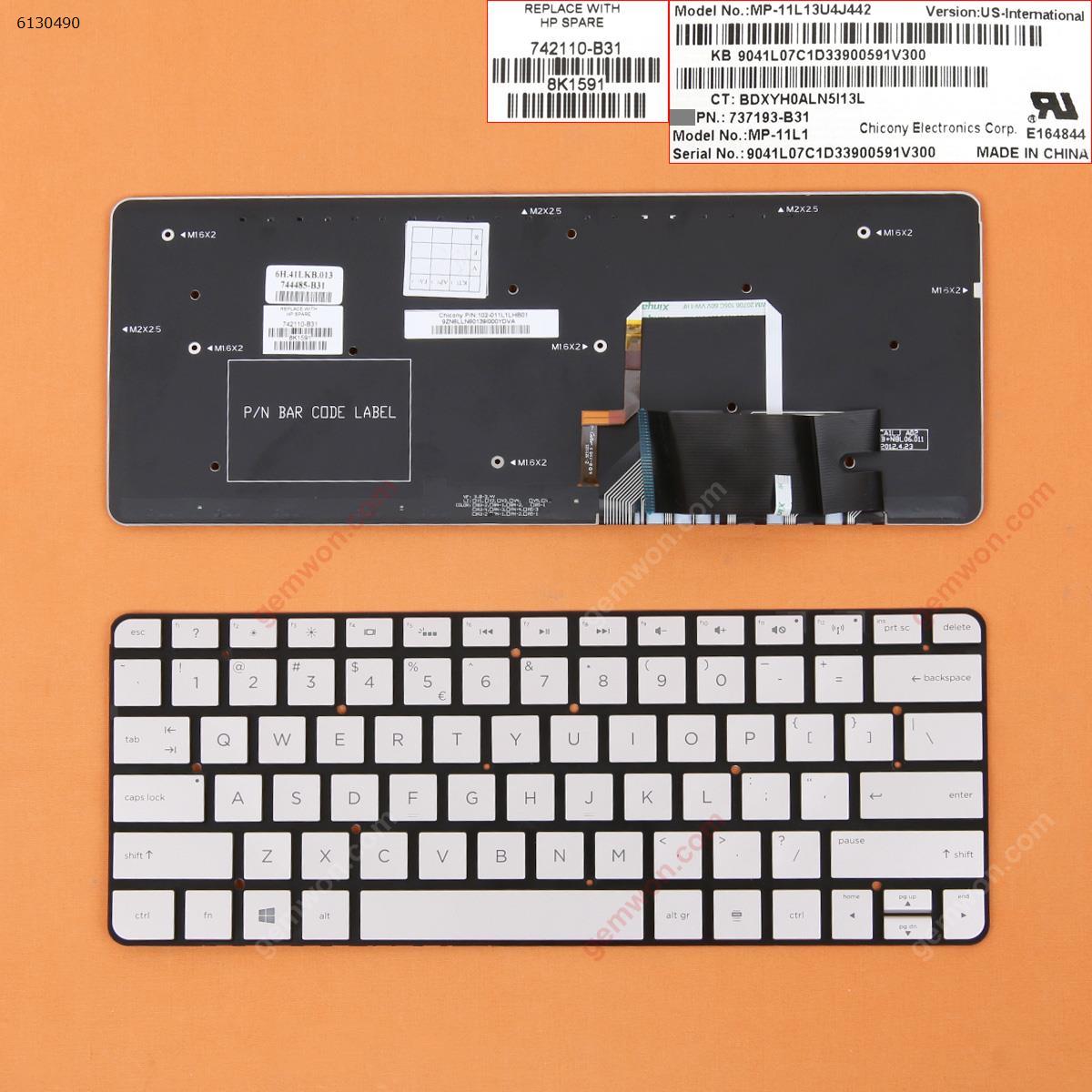 Picture of New Replacement Laptop Keyboard For HP Spectre 13-h200 13-h205eg 13t-h200 SILVER (Without FRAME,Backlit)WIN8 US Layout