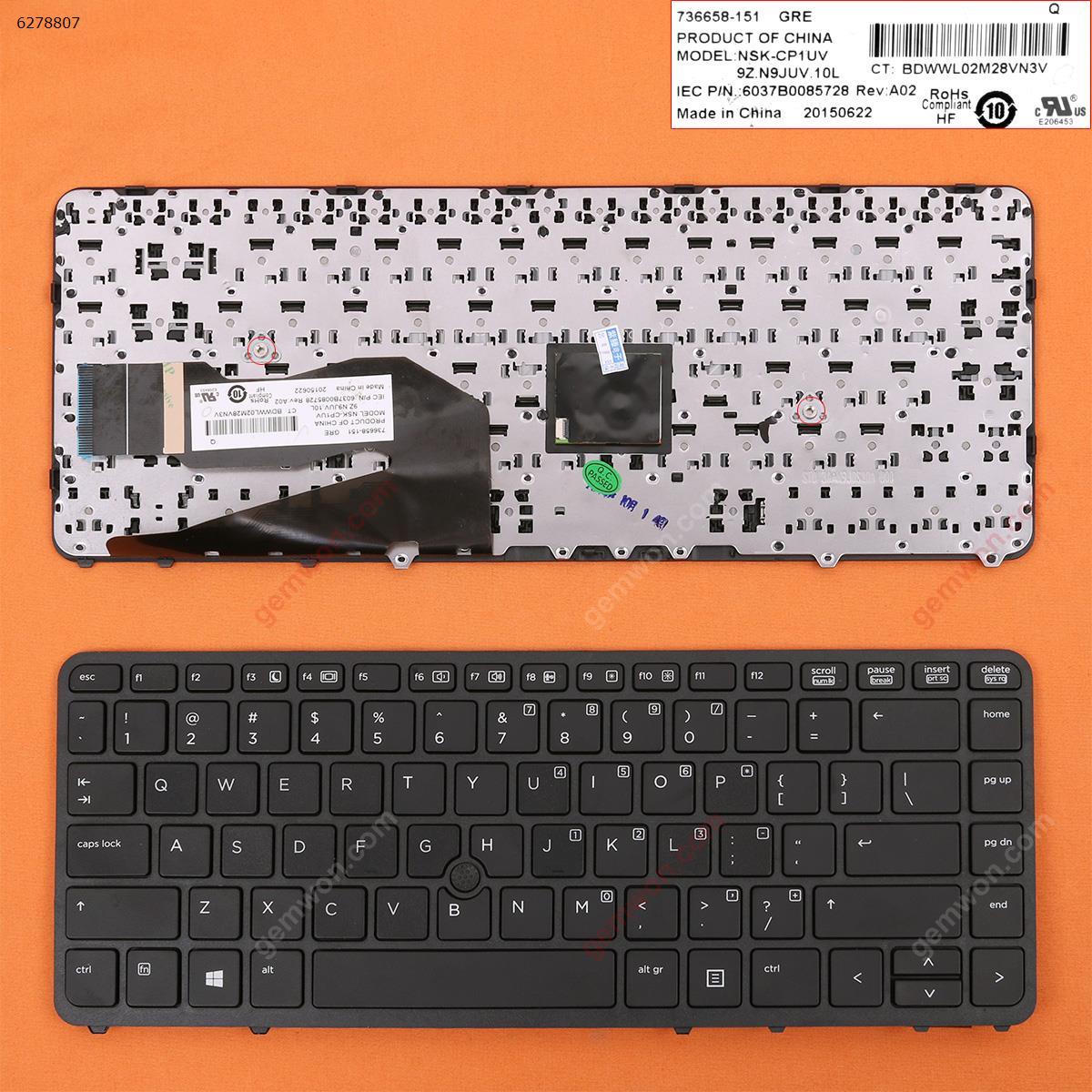 Picture of New Replacement Laptop Keyboard For HP EliteBook 840 G1 850 G1 BLACK FRAME BLACK (with point，Reprint） US Layout
