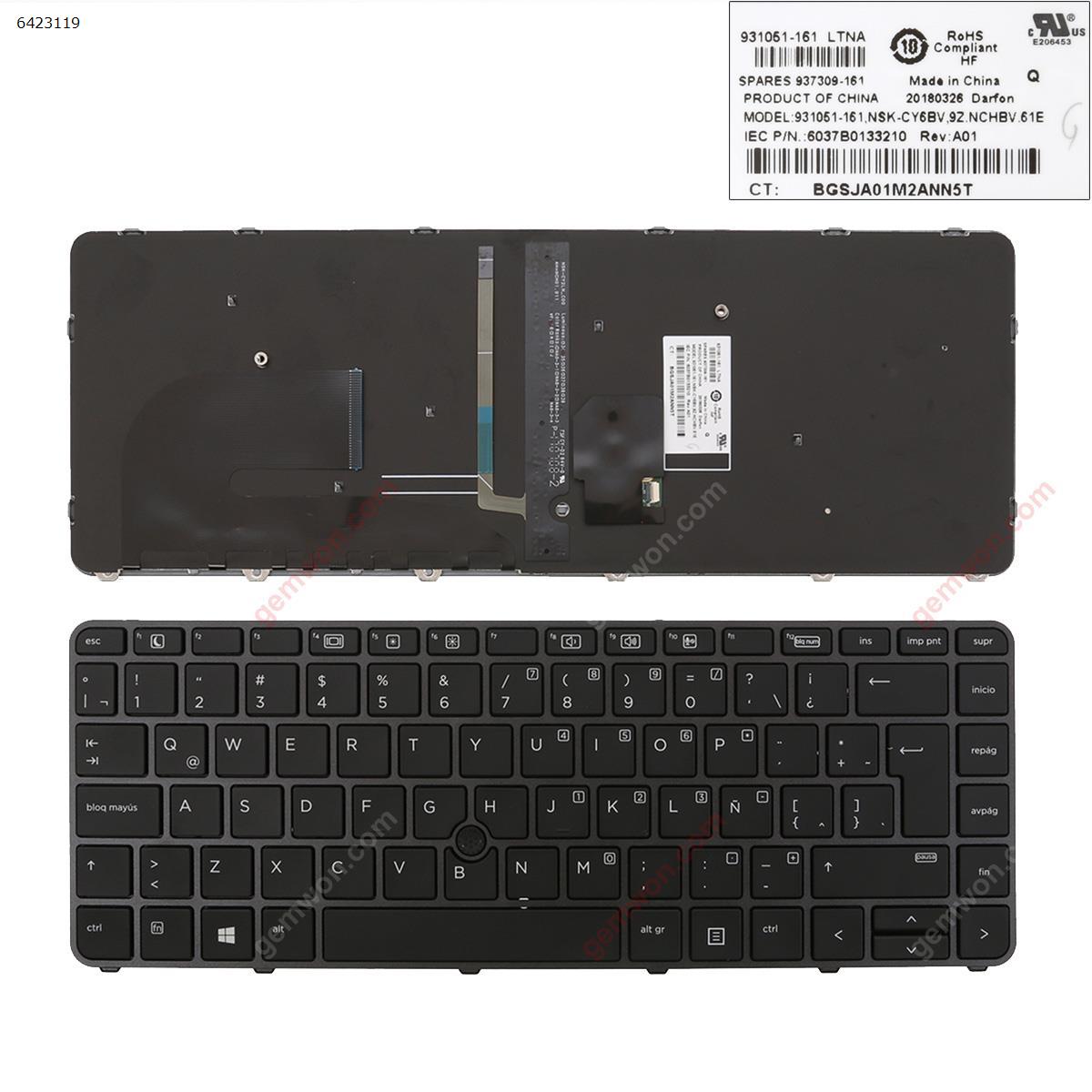 Picture of New Replacement Laptop Keyboard For HP EliteBook 840 G3 GRAY FRAME BLACK (with point, Backlit,Win8) LA Layout