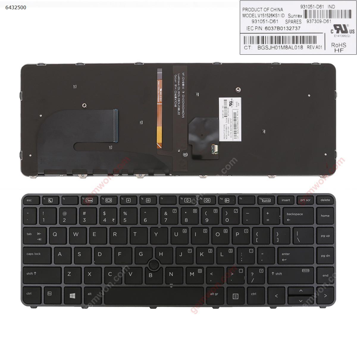 Picture of New Replacement Laptop Keyboard For HP EliteBook 840 G3 GRAY FRAME BLACK (with point,Backlit,Win8) US Layout