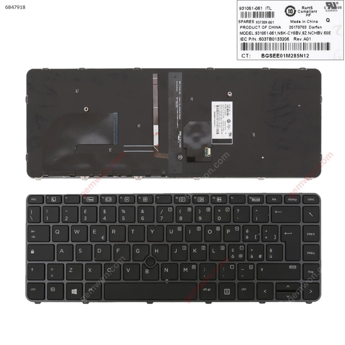 Picture of New Replacement Laptop Keyboard For HP EliteBook 840 G3 GRAY FRAME BLACK (with point,Backlit,Win8) IT Layout