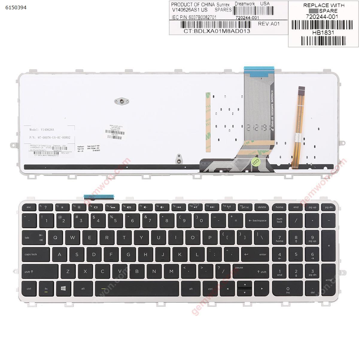 Picture of New Replacement Laptop Keyboard For HP ENVY m6-n168ca m6-n010dx m6-n012dx  SILVER FRAME BLACK  (Backlit, Win8) US Layout