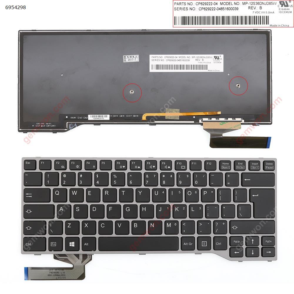 Picture of New Replacement Laptop Keyboard For Fujitsu Lifebook E743 E744 E733 E734 GRAY FRAME BLACK (Backlit Win8) UI Layout
