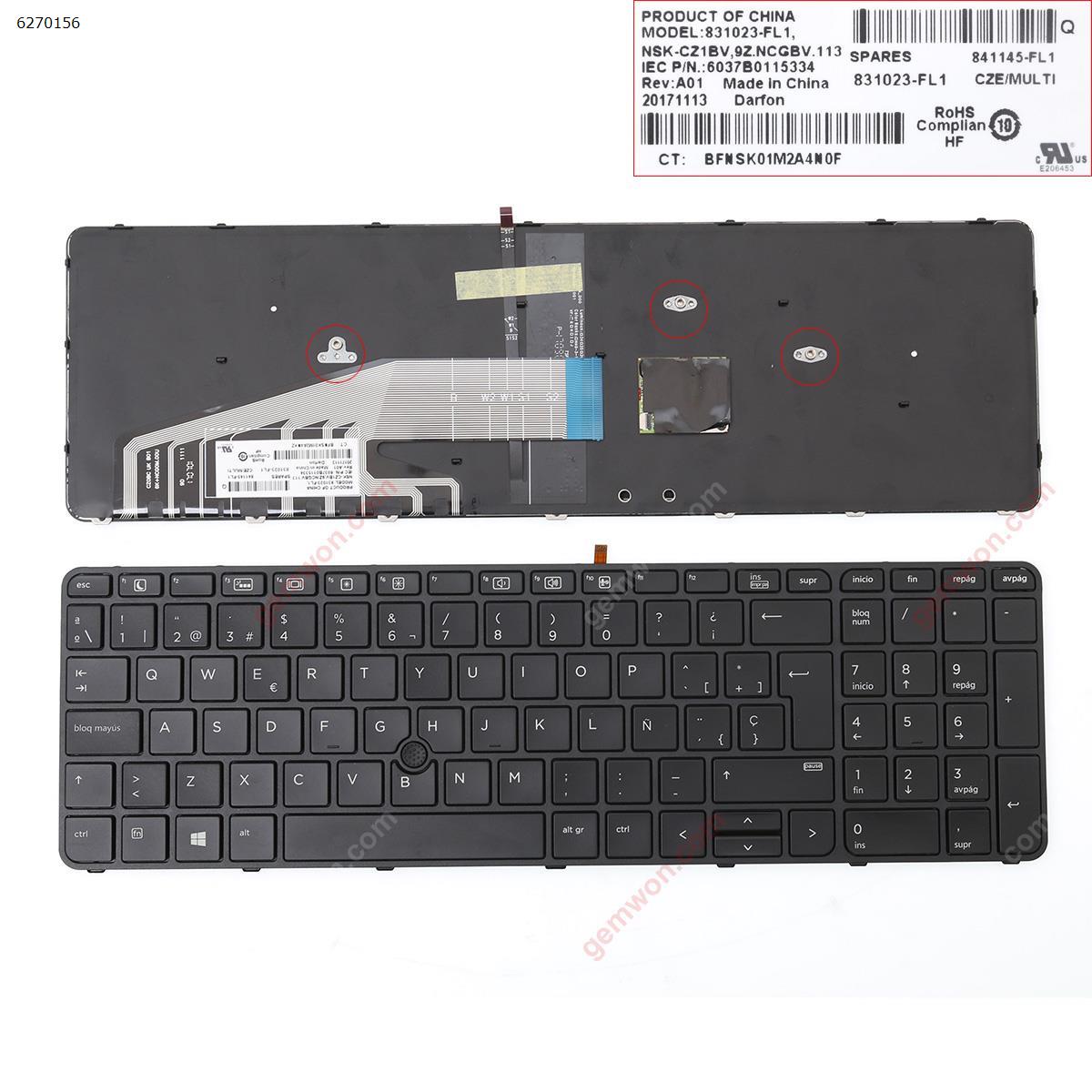 Picture of New Replacement Laptop Keyboard For HP  Probook 650 G2   655 G2  BLACK   (Black  Frame   Backlit , With Point stick) SP Layout