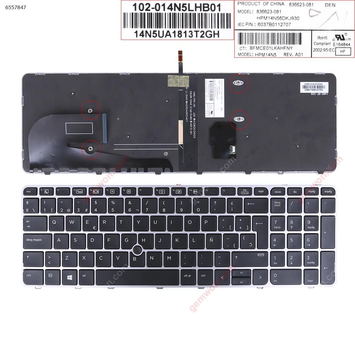 Picture of New Replacement Laptop Keyboard For HP EliteBook 755 G3 850 G3 850 G4 ZBook 15u G3 G4  SILVER   FRAME BLACK (with point,Backlit,Win8) SP Layout