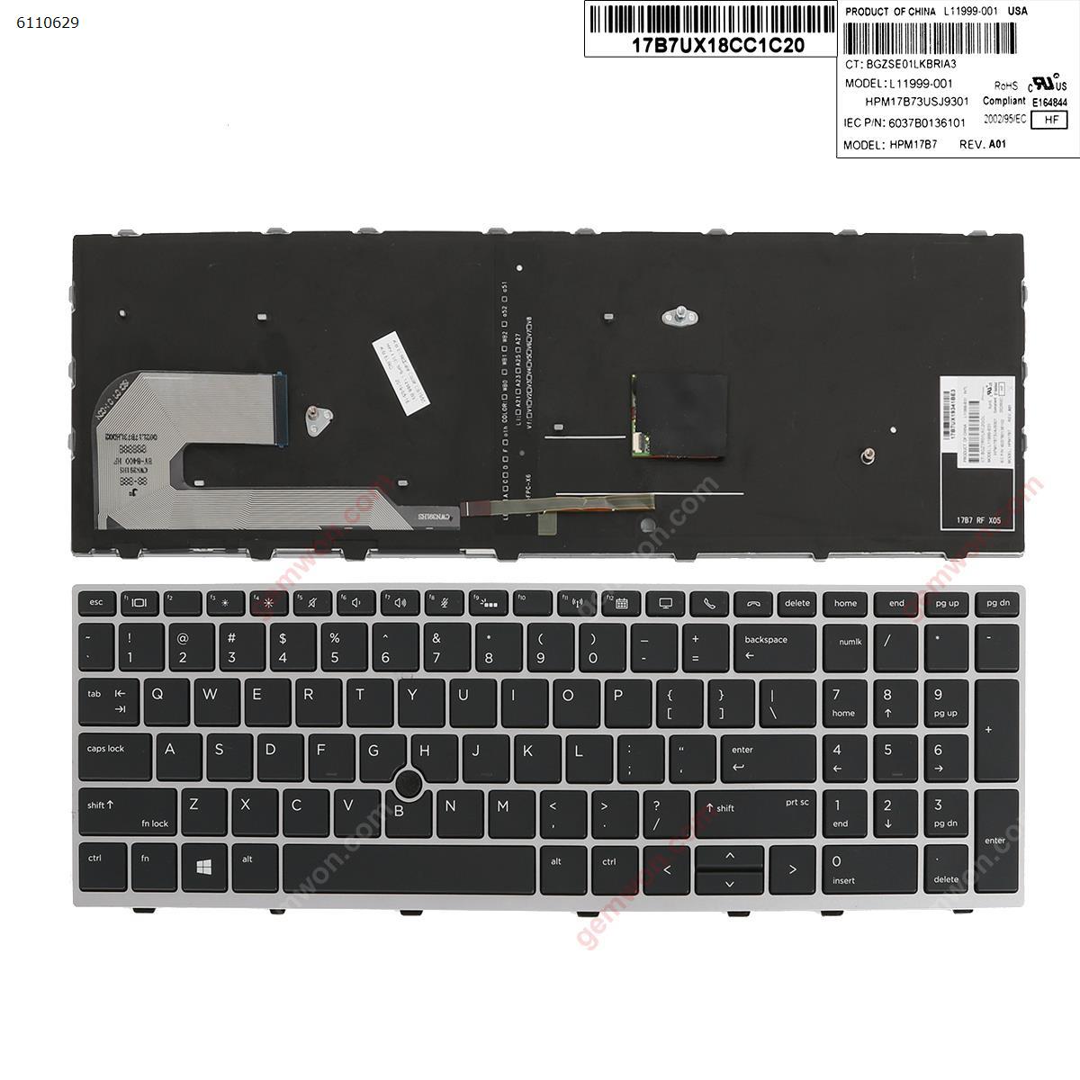 Picture of New Replacement Laptop Keyboard For HP Elitebook 850 G5 755 G5 ZBook 15u G5 SILVER FRAME BLACK Backlit (with point,Win8) US Layout
