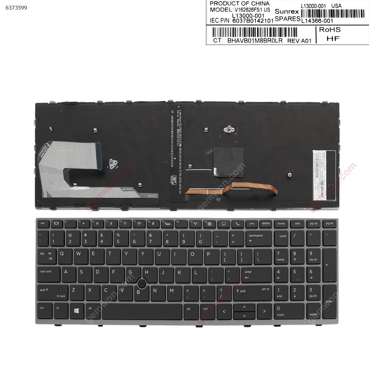Picture of New Replacement Laptop Keyboard For HP Elitebook 850 G5 755 G5 ZBook 15u G5  GRAY  FRAME BLACK (Backlit   ， with point,Win8) US Layout