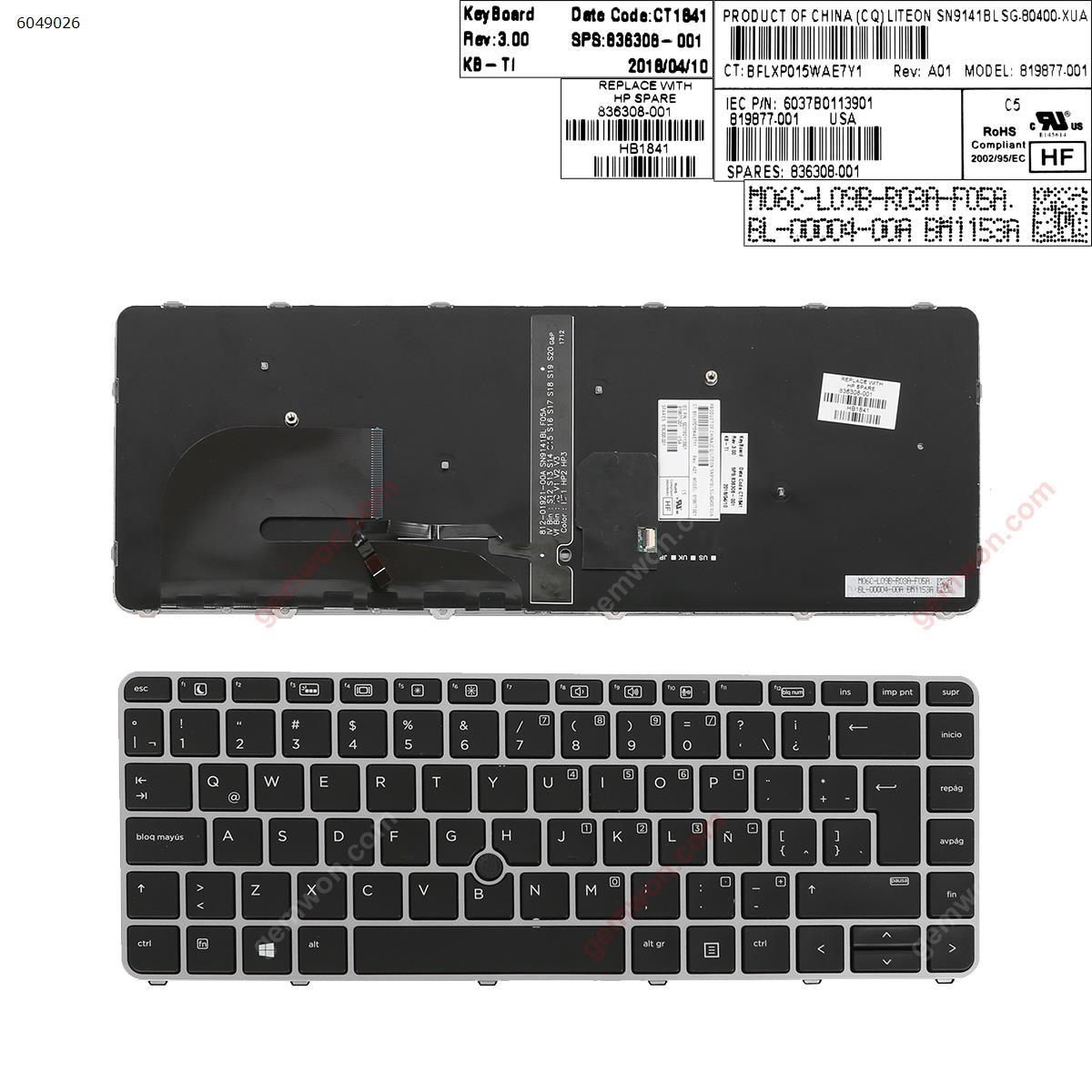 Picture of New Replacement Laptop Keyboard For HP EliteBook 840 G3 SILVER FRAME BLACK (Backlit  ,with point ) LA Layout