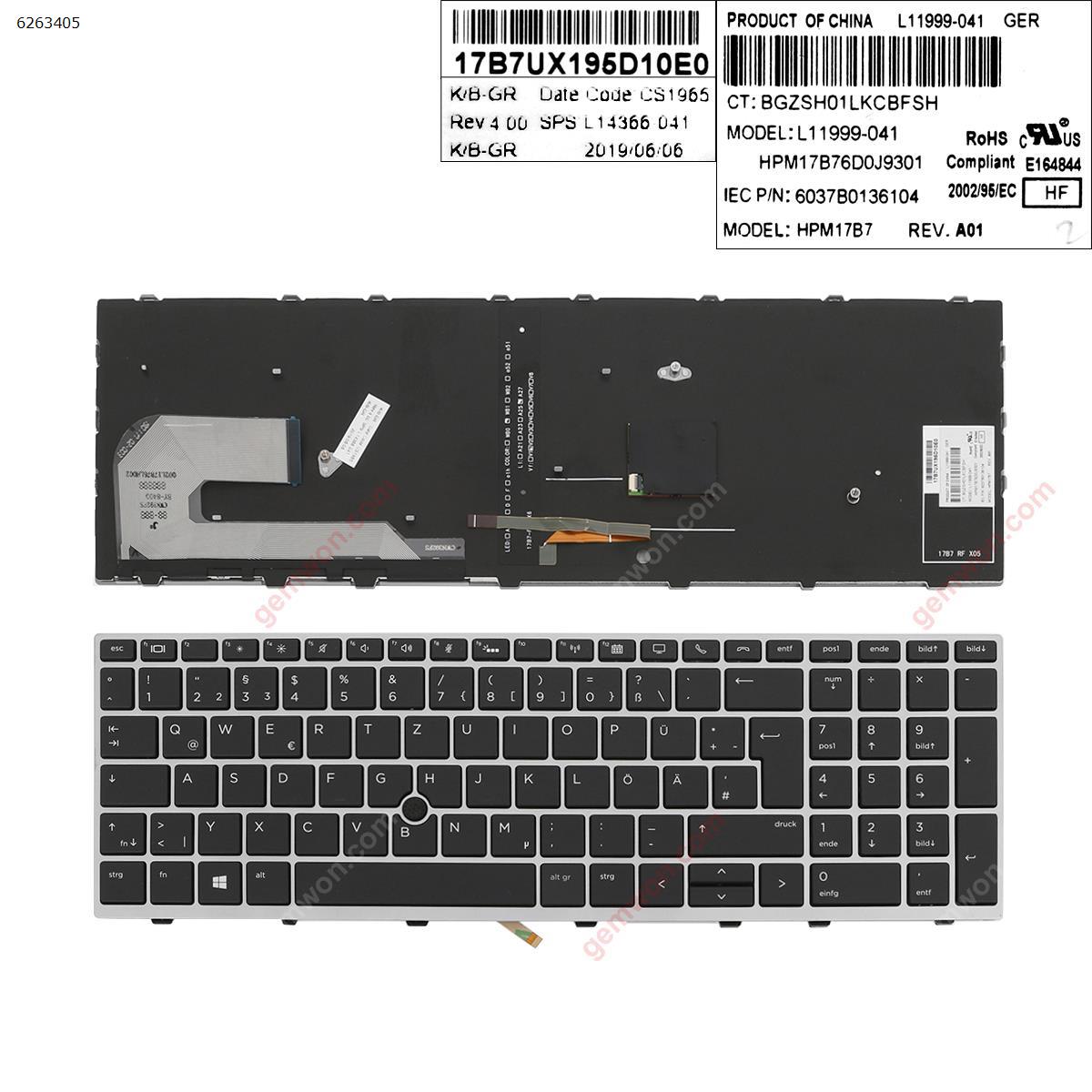 Picture of New Replacement Laptop Keyboard For HP EliteBook 850 G5  SILVER FRAME BLACK (Backlit ,  with point  Reprint) GR Layout