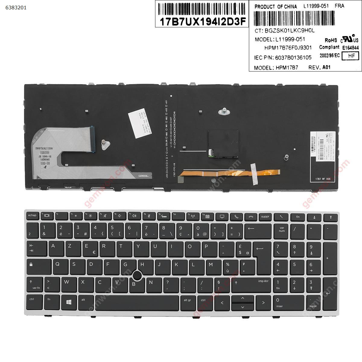 Picture of New Replacement Laptop Keyboard For HP EliteBook 850 G5  SILVER FRAME BLACK (Backlit ,  with point ) FR Layout