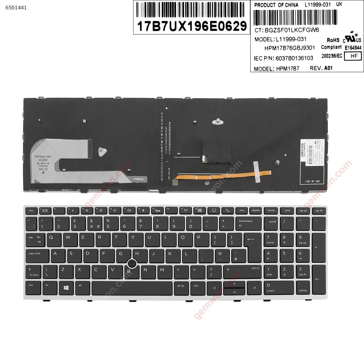 Picture of New Replacement Laptop Keyboard For HP EliteBook 850 G5  SILVER FRAME BLACK (Backlit ,  with point ) Uk Layout