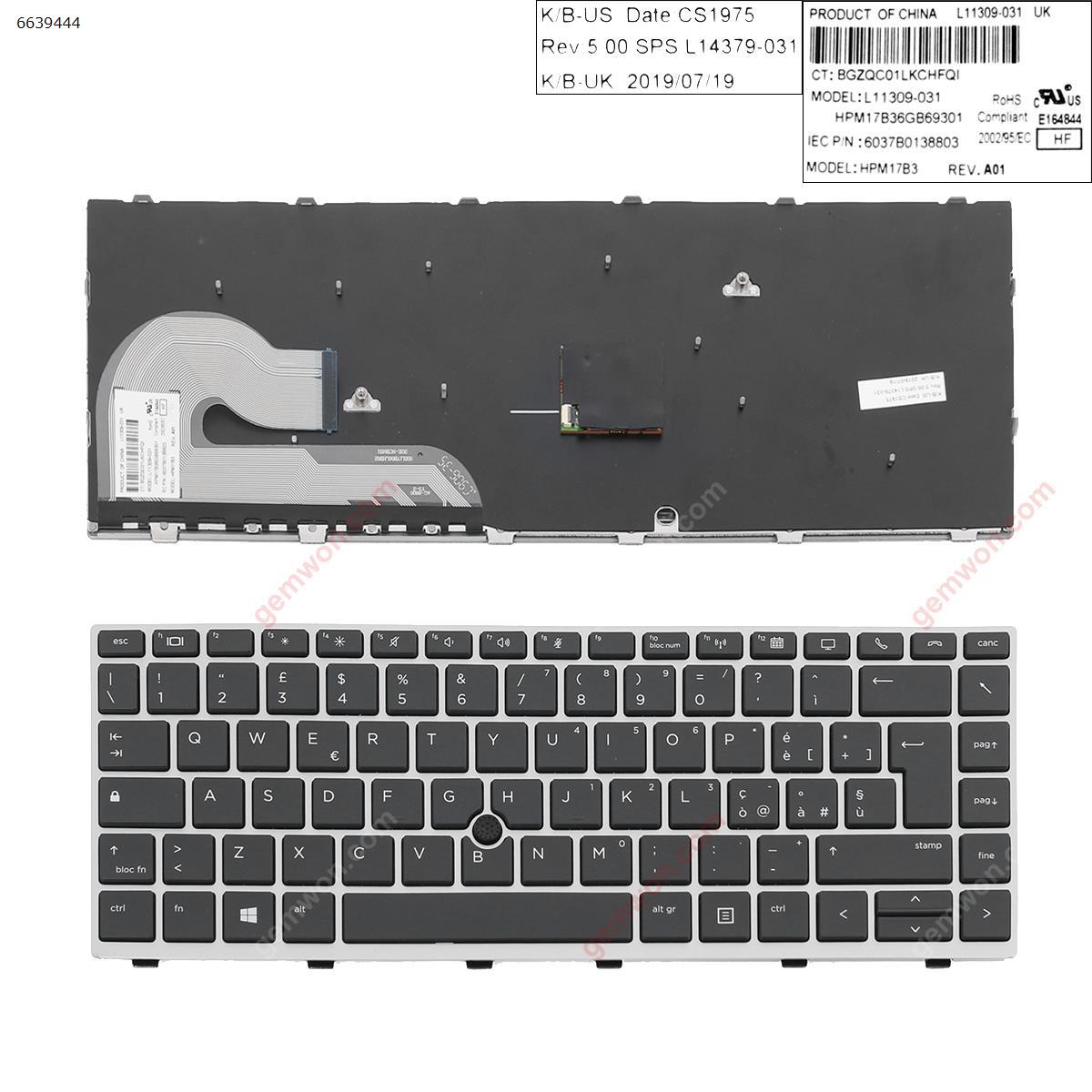 Picture of New Replacement Laptop Keyboard For HP EliteBook 840 G5  SILVER FRAME BLACK (with point ) IT Layout