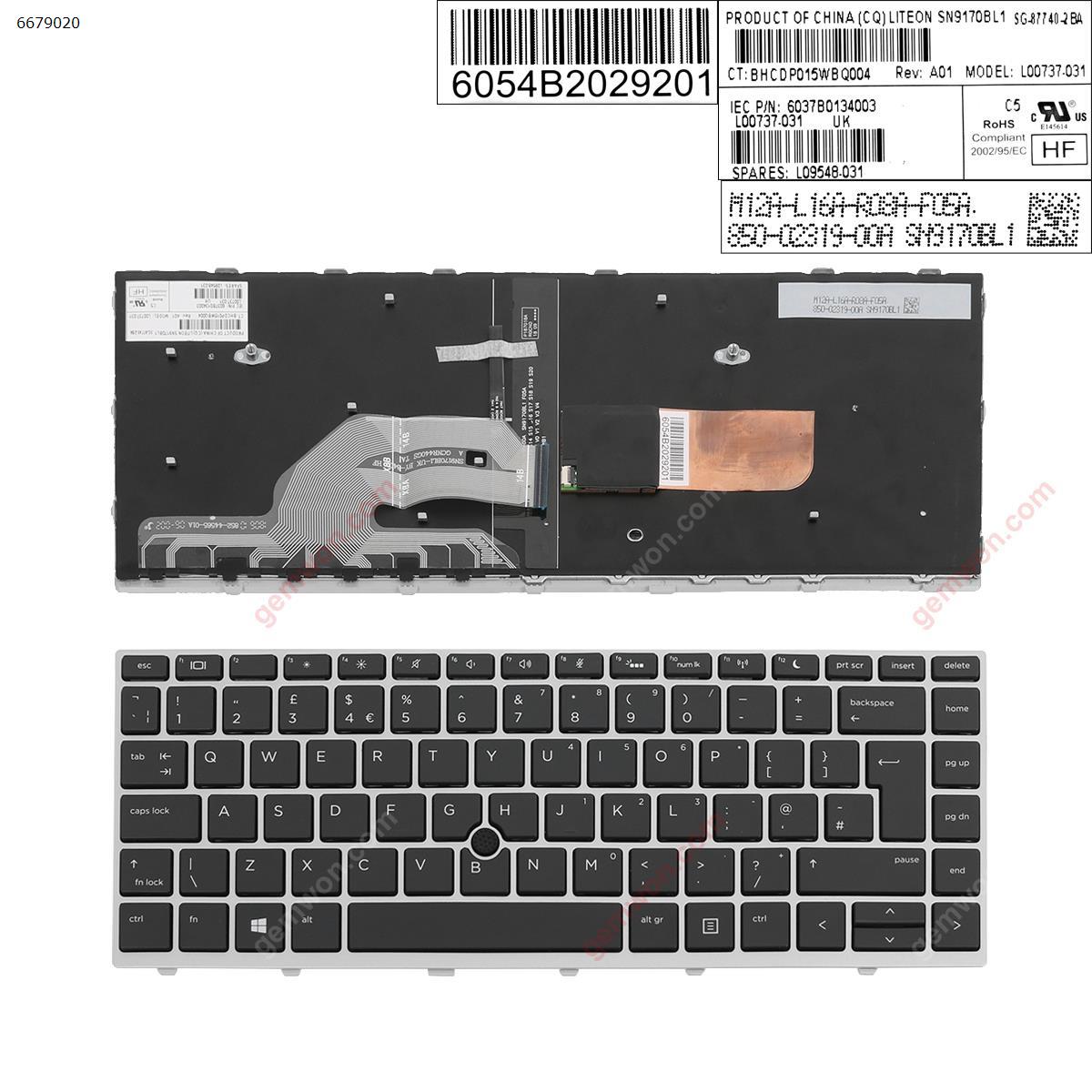 Picture of New Replacement Laptop Keyboard For HP Probook 430 G5 440 G5 445 G5 Silver FRAME BLACK (  Backlit,   With Point stick   ) Uk Layout