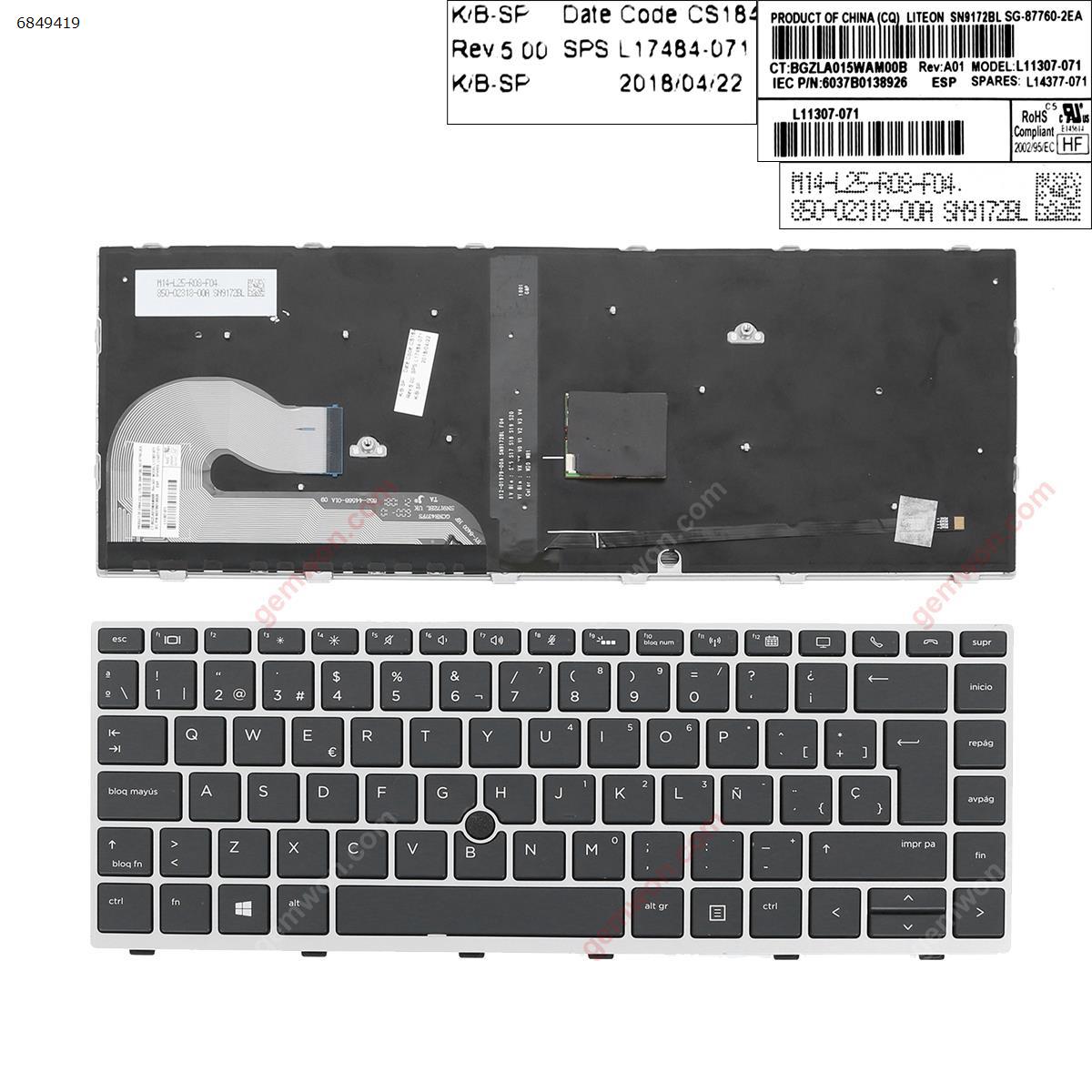 Picture of New Replacement Laptop Keyboard For HP EliteBook 840 G5 SILVER FRAME BLACK (with point, Backlit) SP Layout