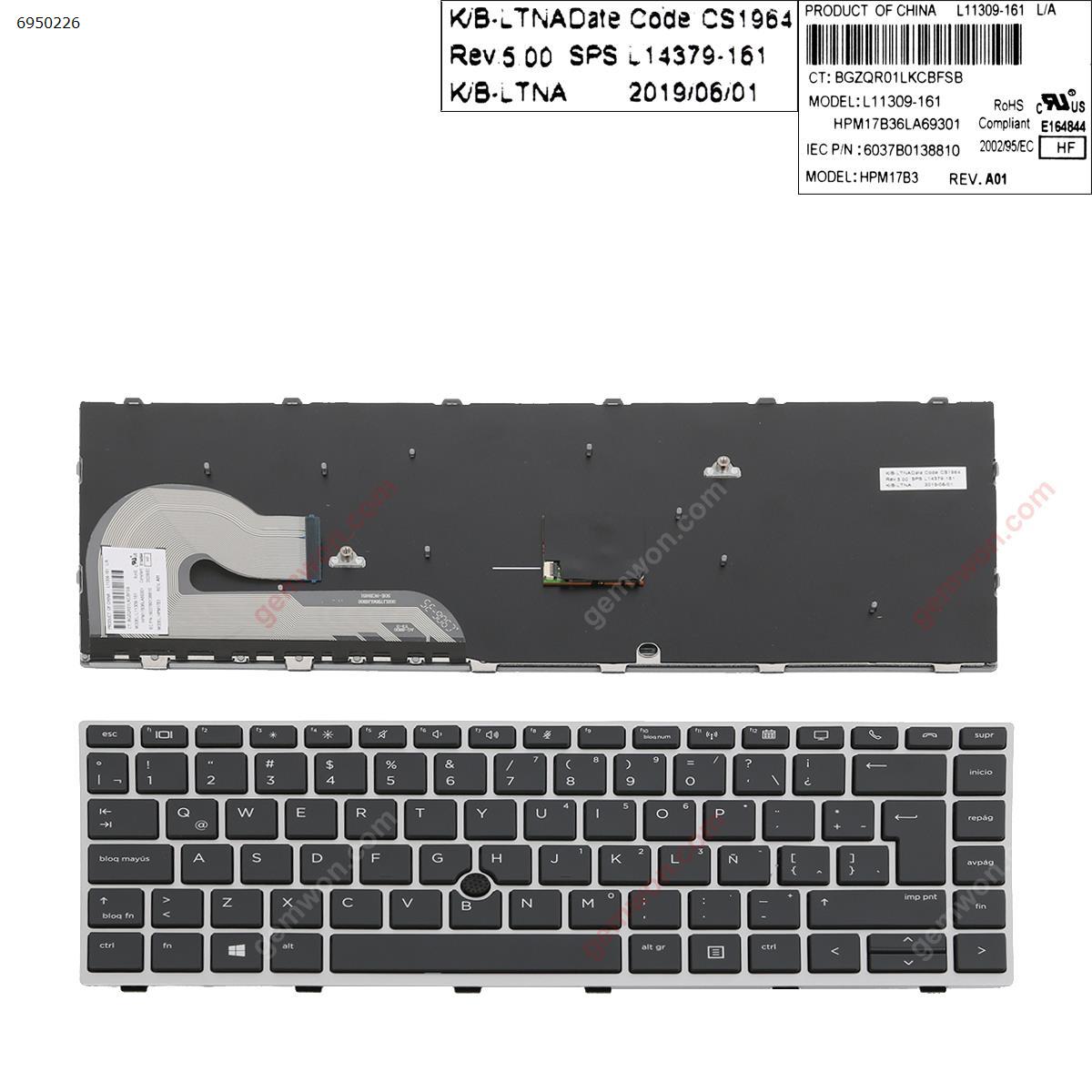 Picture of New Replacement Laptop Keyboard For HP EliteBook 840 G5 SILVER FRAME BLACK (with point ) LA Layout