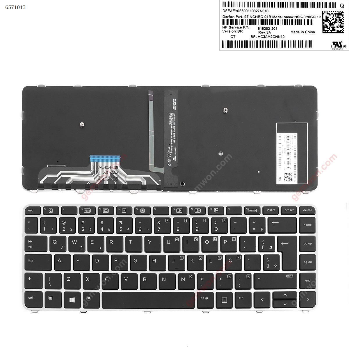 Picture of New Replacement Laptop Keyboard For HP EliteBook 1040 G3  SILVER  FRAME  BLACK (  Backlit,Win8) BR Layout
