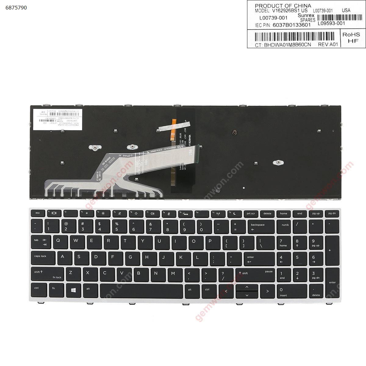 Picture of New Replacement Laptop Keyboard For HP EliteBook  650 G5  SILVER FRAME BLACK (with point,Backlit,Win8) US Layout
