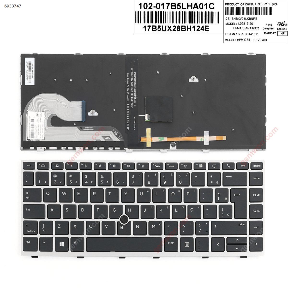 Picture of New Replacement Laptop Keyboard For HP EliteBook 840 G5 SILVER FRAME BLACK (with point ， Backlit,Win8) BR Layout