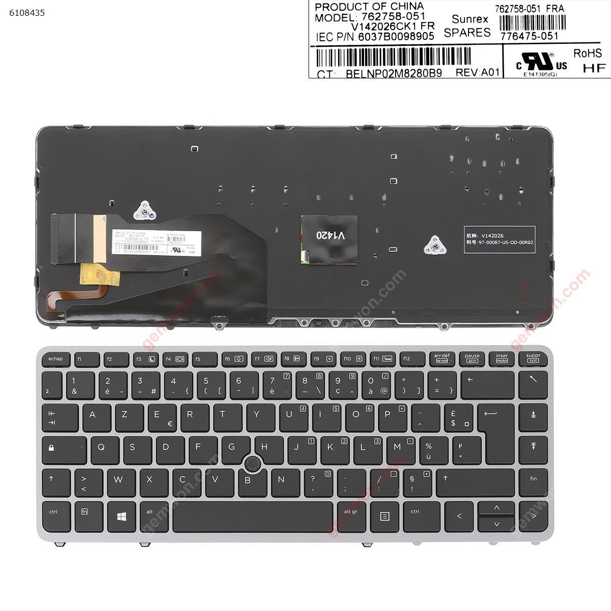 Picture of New Replacement Laptop Keyboard For HP EliteBook 840 G1 850 G1 GRAY FRAME BLACK (Backlit,with point,Win8) FR Layout
