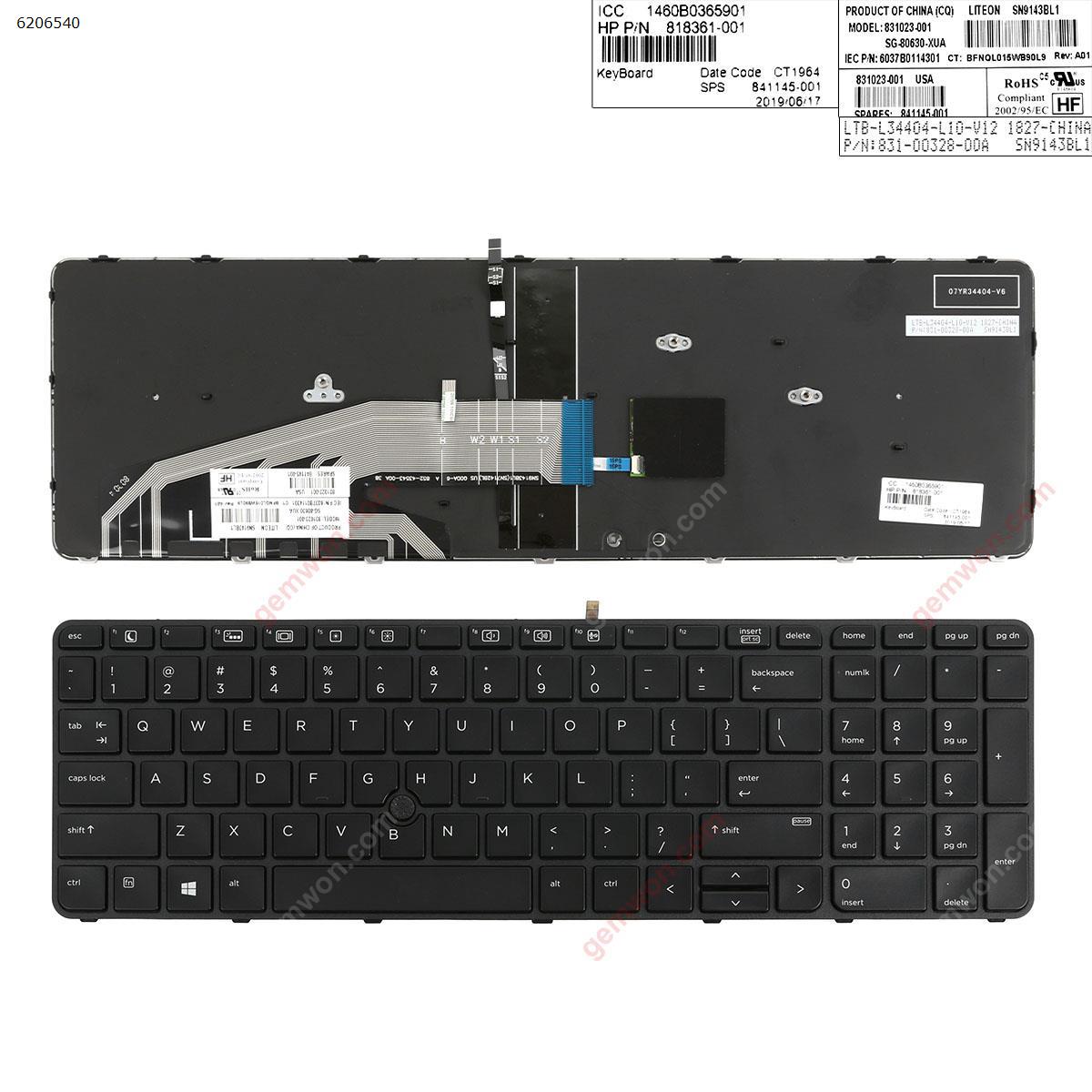 Picture of New Replacement Laptop Keyboard For HP ProBook 450 G3 455 G3 470 G3 BLACK FRAME BLACK(Backlit,With Point Stick, For Win8) US Layout