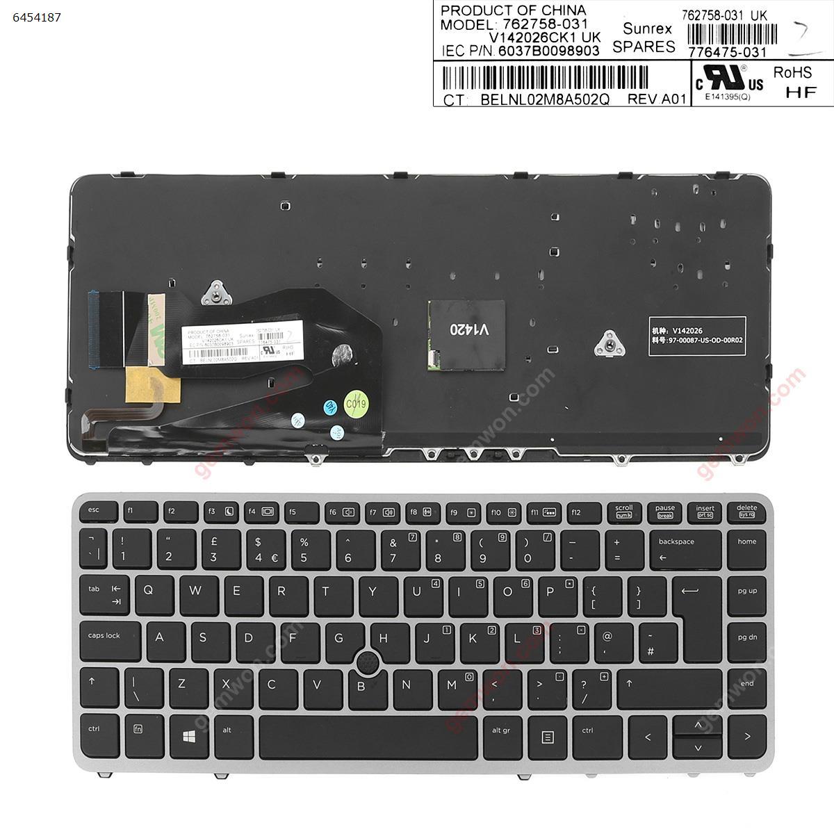 Picture of New Replacement Laptop Keyboard For HP EliteBook 840 G1 850 G1 GRAY FRAME BLACK (Backlit,with point,Win8) Uk Layout