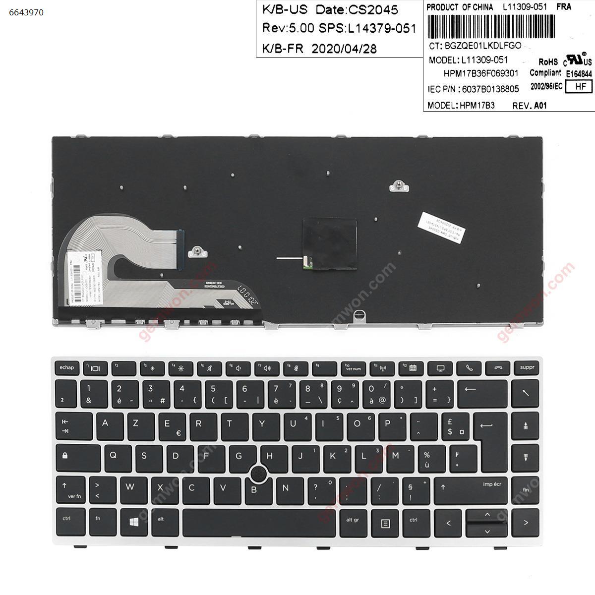Picture of New Replacement Laptop Keyboard For HP EliteBook 840 G5 SILVER FRAME BLACK (with point, Without  Backlit) FR Layout