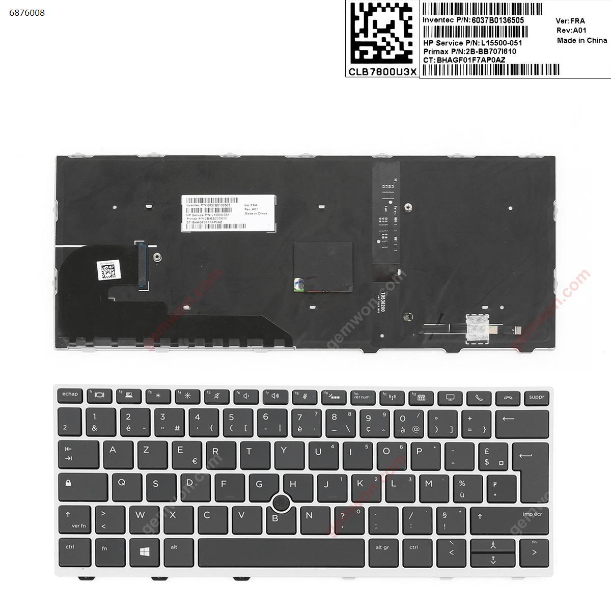 Picture of New Replacement Laptop Keyboard For HP EliteBook 830 G5 SILVER FRAME BLACK (with point,Backlit,Win8) FR Layout