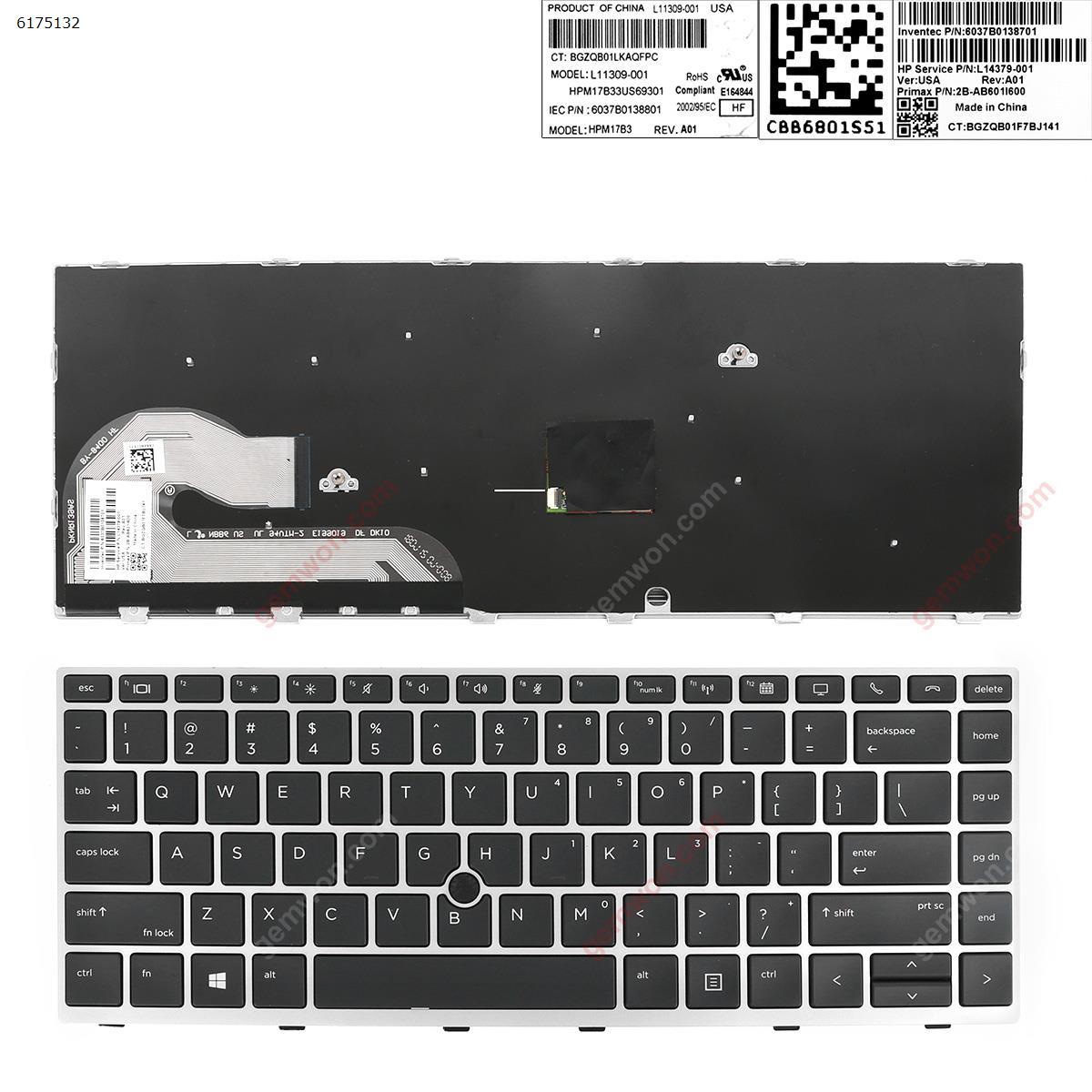 Picture of New Replacement Laptop Keyboard For HP EliteBook 840 G5 SILVER FRAME BLACK (with point ) （The back buckle is broken） US Layout