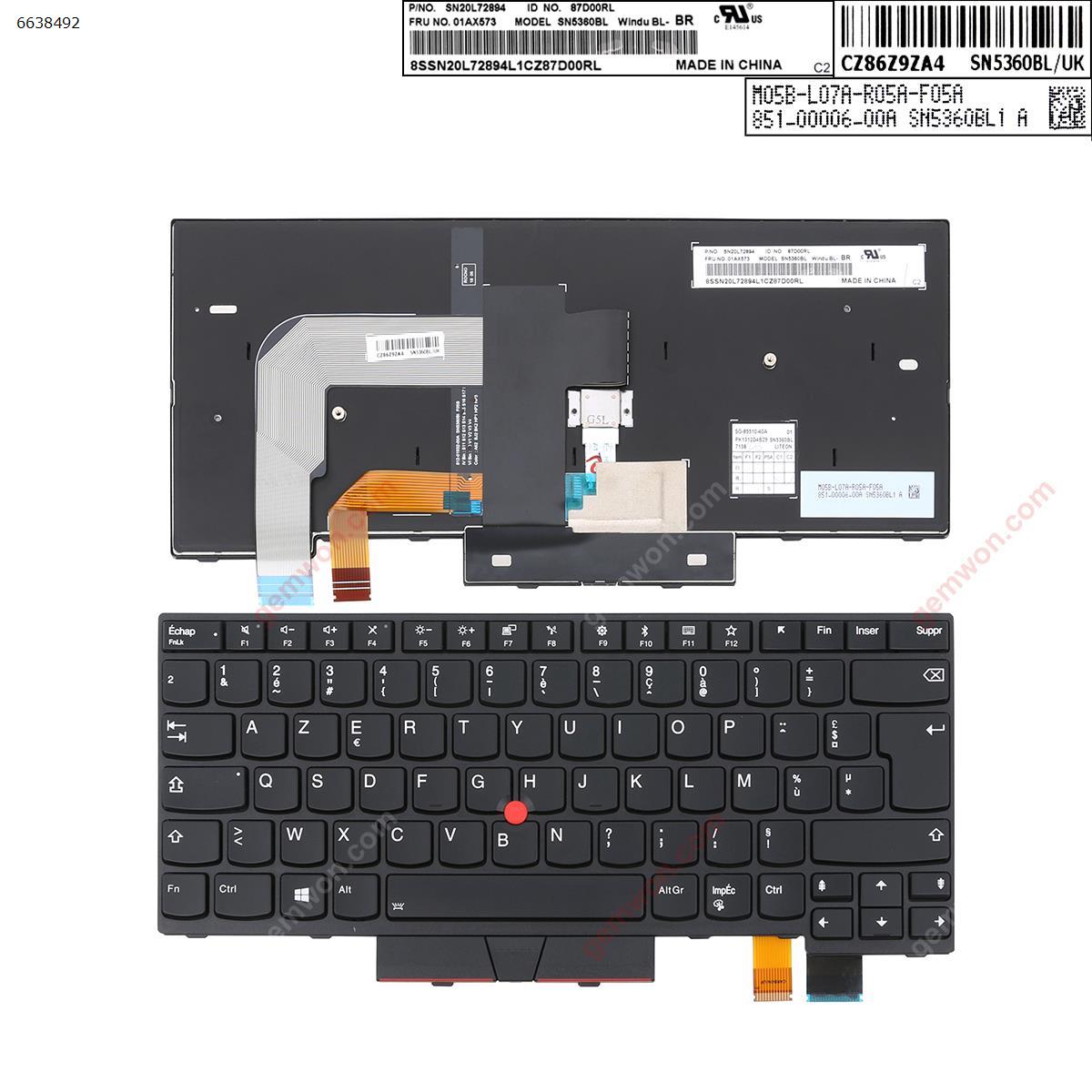 Picture of New Replacement Laptop Keyboard For ThinkPad T470 BLACK FRAME BLACK (Backlit,For Win8) FR Layout