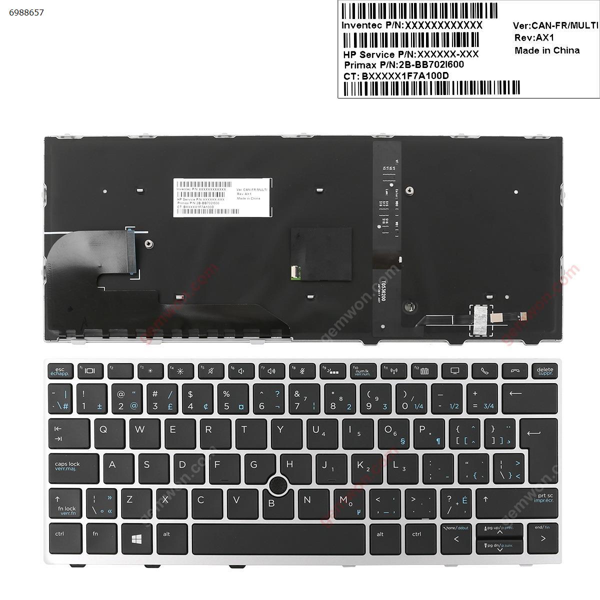 Picture of New Replacement Laptop Keyboard For HP EliteBook 830 G5 SILVER FRAME BLACK (with point,Backlit,Win8) CA/CF Layout