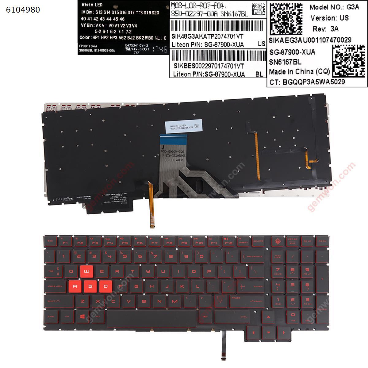Picture of New Replacement Laptop Keyboard For HP Omen 15-ce 15-ce000 15-ce020ca 15-CE010CA 15-CE0US BLACK (Backlit,Without FRAME,Red Printing,Win8) US Layout