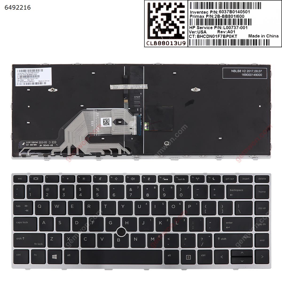 Picture of New Replacement Laptop Keyboard For HP Probook 430 G5 440 G5 445 G5  Silver  FRAME BLACK ，(Backlit，With  Point stick) US Layout