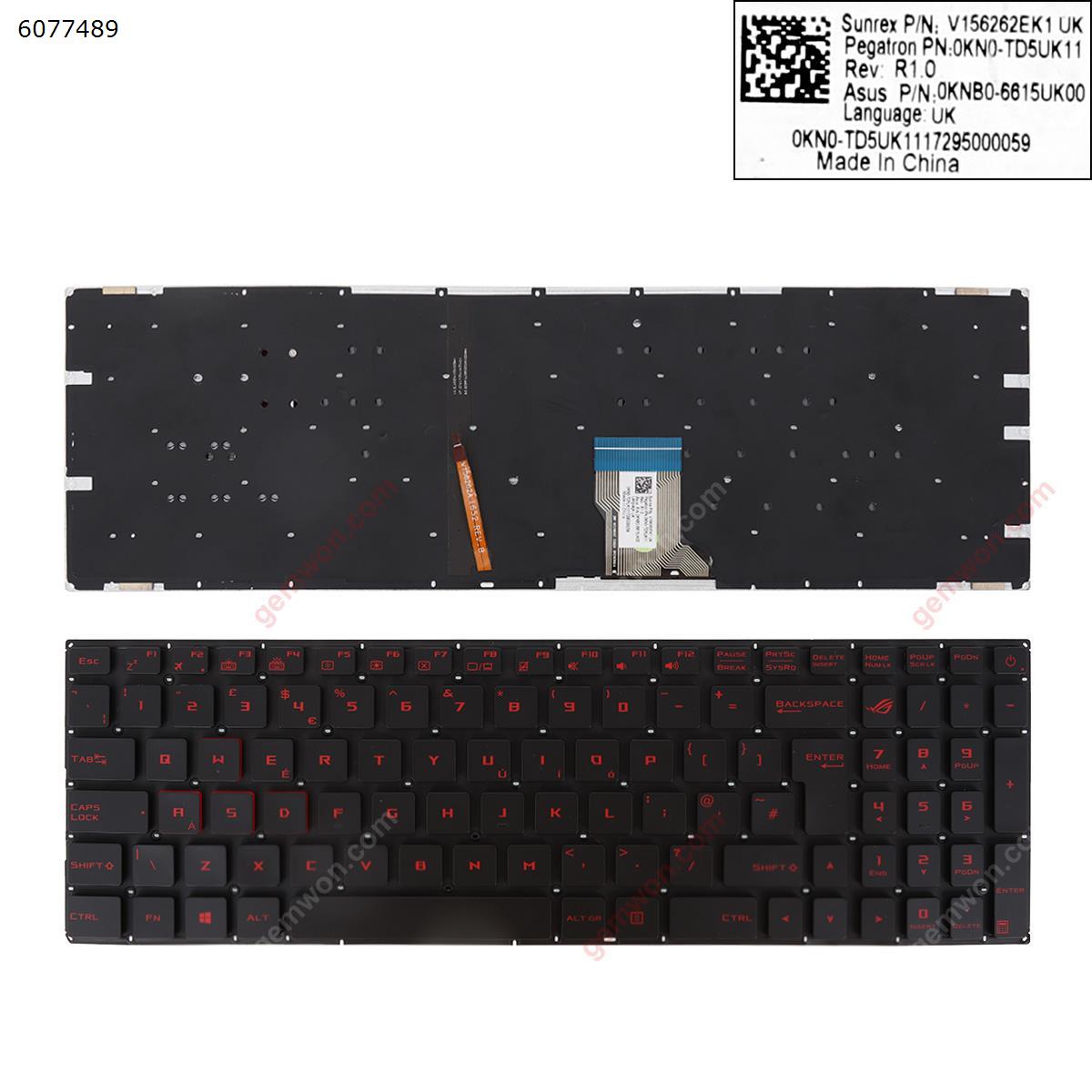 Picture of New Replacement Laptop Keyboard For Asus GL502  BLACK (Without FRAME,Backlit  ,  red Printing   WIN8) Uk Layout