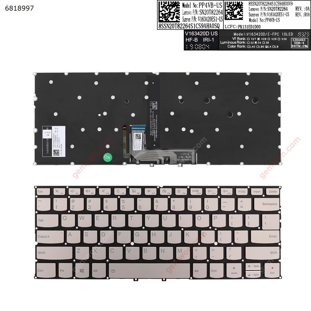 Picture of New Replacement Laptop Keyboard For Lenovo Yoga C940-14   GOLDEN  (Backlit,Without FRAME,WIN8) US Layout
