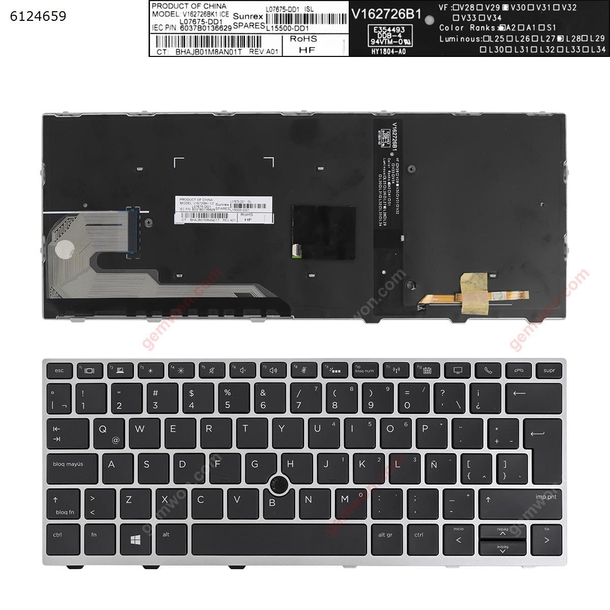 Picture of New Replacement Laptop Keyboard For HP EliteBook 830 G5 SILVER FRAME BLACK (with point,Win8) LA Layout