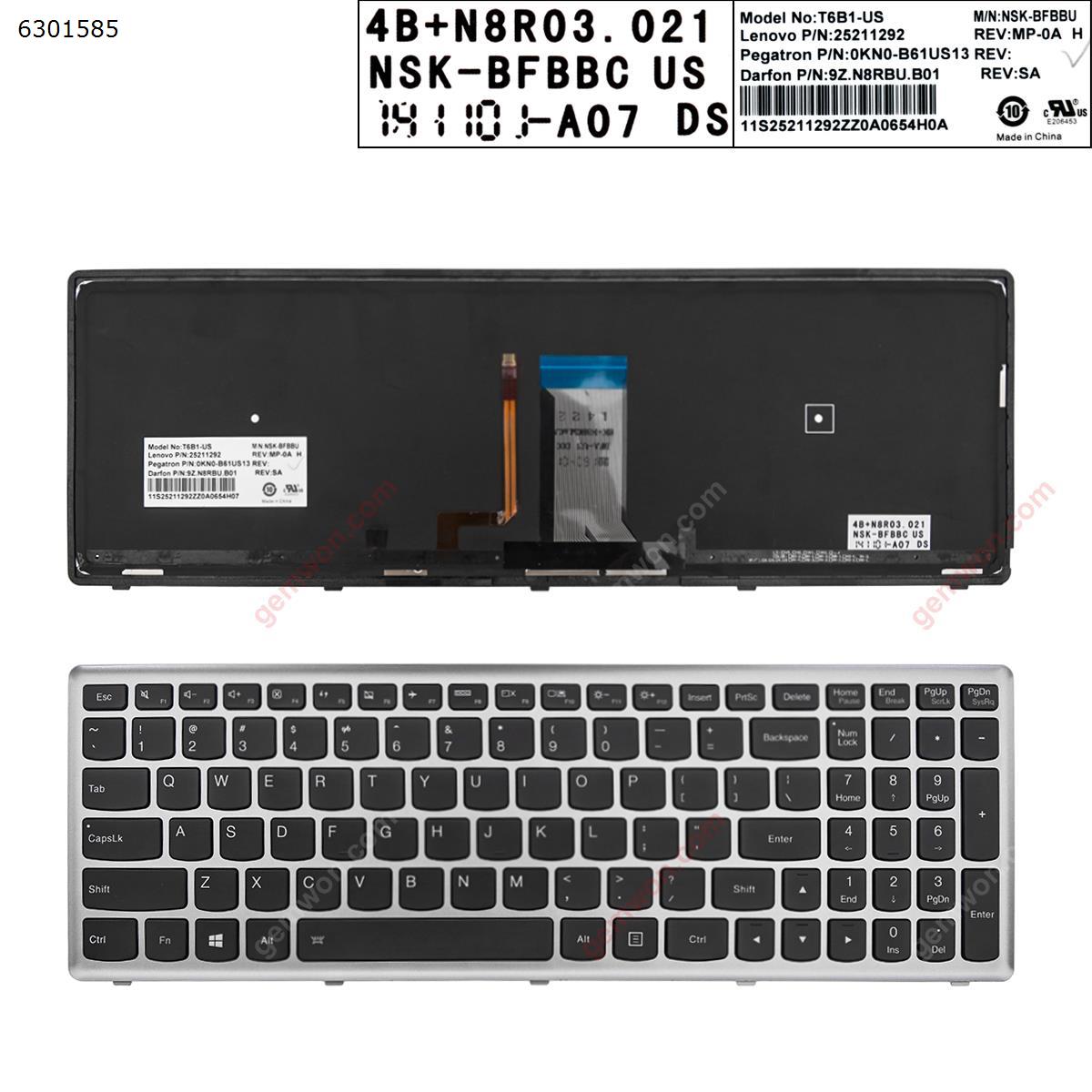Picture of New Replacement Laptop Keyboard For LENOVO U510 SILVER FRAME BLACK Backlit WIN8 US Layout