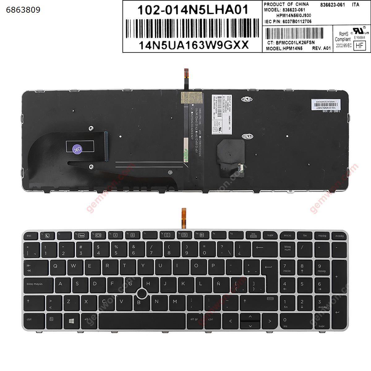 Picture of New Replacement Laptop Keyboard For HP EliteBook 755 G3 850 G3 850 G4 ZBook 15u G3 G4 SILVER FRAME BLACK (with point,Backlit,Win8) LA Layout