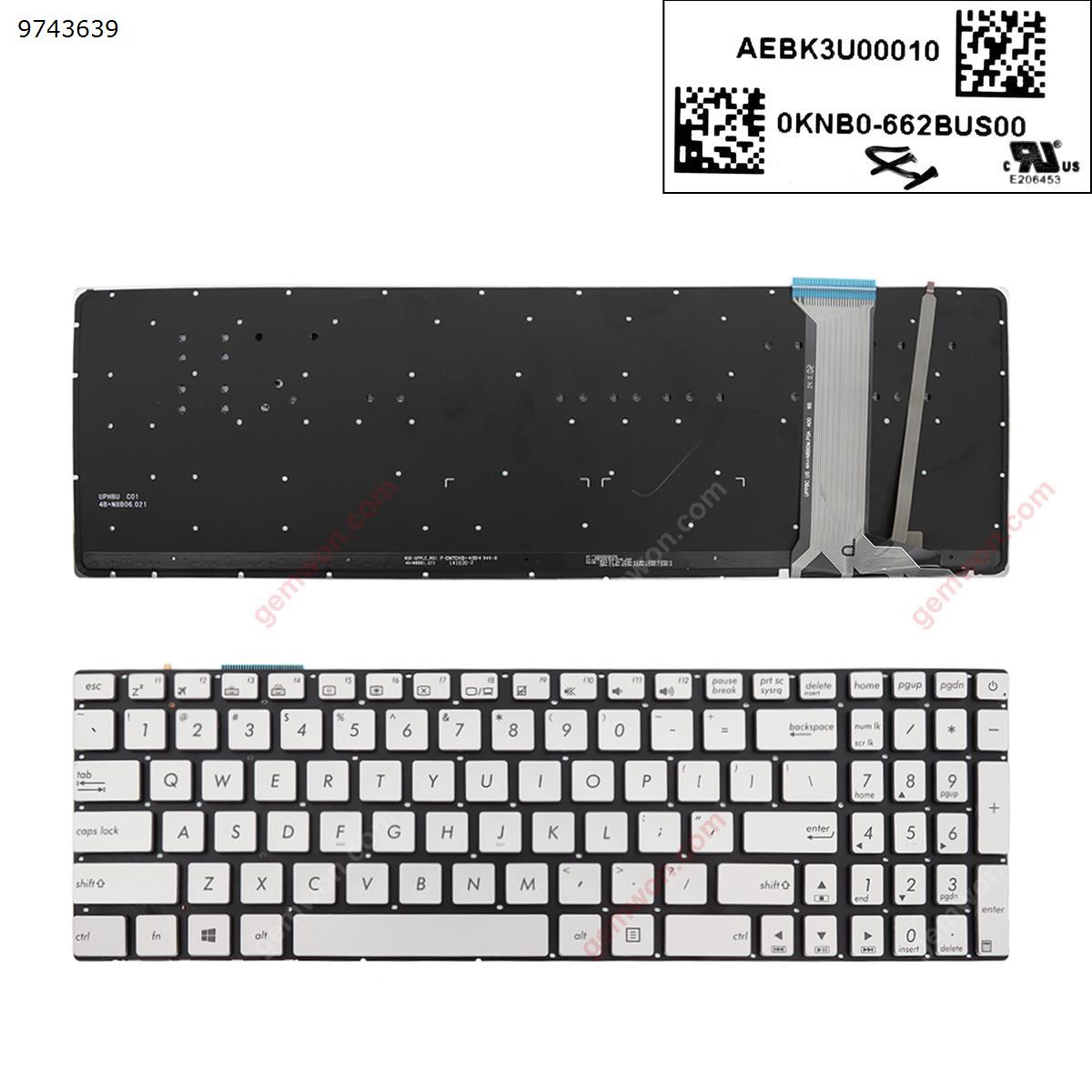 Picture of New Replacement Laptop Keyboard For ASUS N551 N551J N551JB N551JK N551JM N551JQ SILVER (Backlit,With foil,Without FRAME) WIN8 US Layout