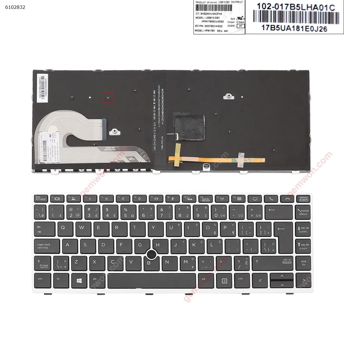 Picture of New Replacement Laptop Keyboard For HP EliteBook 840 G5 SILVER FRAME BLACK (with point ， Backlit,Win8)（The back buckle is broken） CA/CF Layout