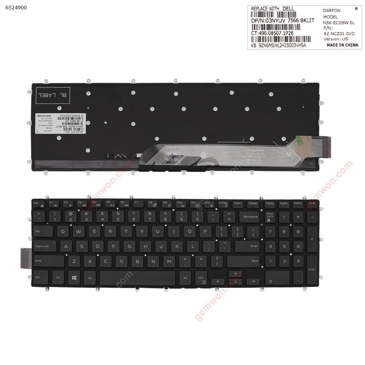 Picture of New Replacement Laptop Keyboard For Dell DELL Inspiron Gaming 15-7566  GLOSSY BLACK (Without FRAME ，Backlit,Win8) US Layout