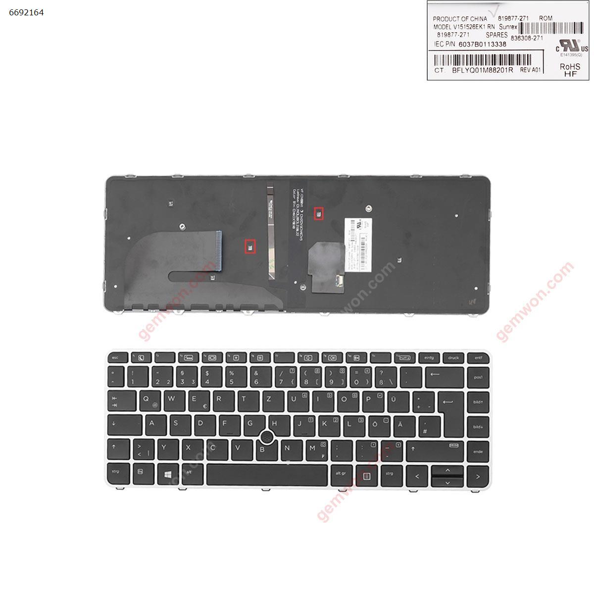 Picture of New Replacement Laptop Keyboard For HP EliteBook 840 G3 SILVER FRAME BLACK (with point, Backlit,Win8) GR Layout